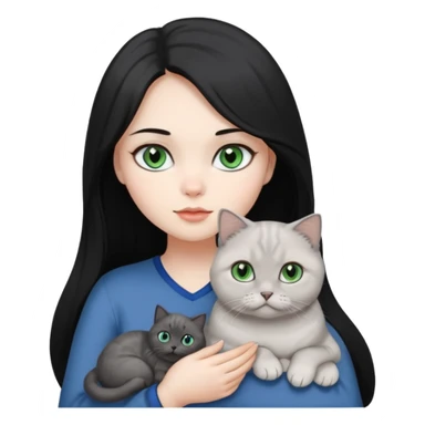 Black long hair, white skin, pretty black eyes, a woman with a gray Scottish fold green eye cat and a white blue eye cat
 sticker