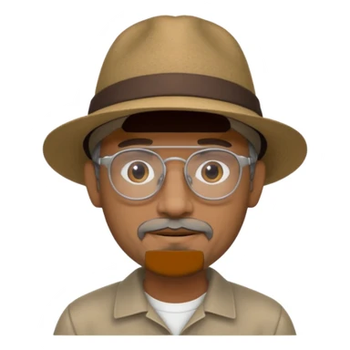 Brown man with wide rimmed hat no hair, but gray goatee, clear glasses and slightly smiling sticker