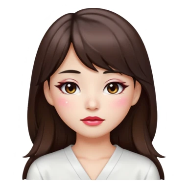 “japanese style Emoji brunette girl long hair with side bangs white top, dewy skin, heavy blush across cheeks and nose bridge, glossy cherry lips, soft eyeliner, teary sparkling eyes sticker
