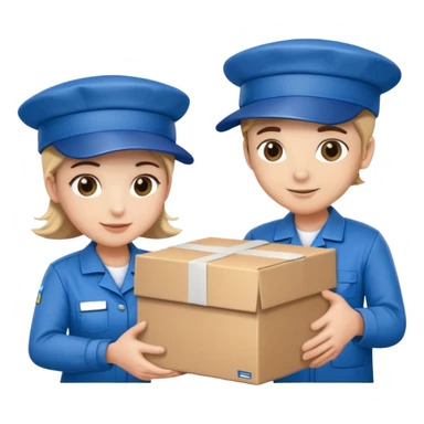two suppliers in blue work uniforms wearing hat-style caps holding a big box together sticker