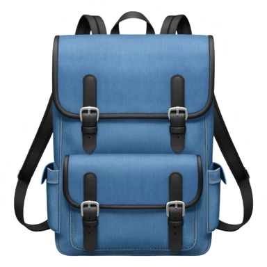 a blue denim backpack with a flap top, two vertical *black buckle straps* on the front. The backpack has two side pockets and a soft square shape. 

 sticker