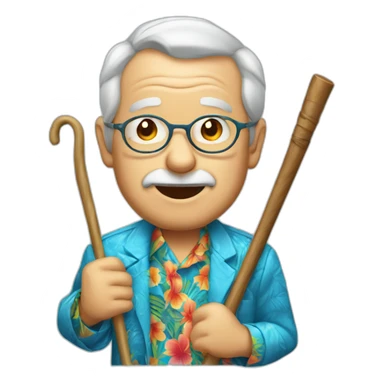 old man holding cane wearing blue Hawaiian shirt and jacket, kids face sticker