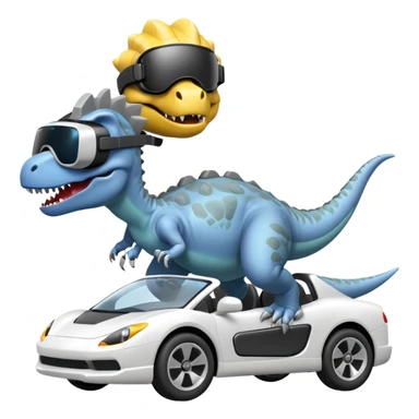 Dinosaurio  gris subido en un carro blanco tecnológico con lentes de realidad virtual sticker