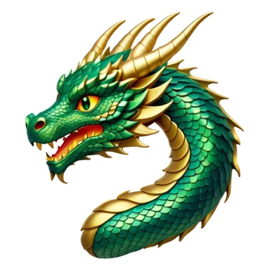 Cinematic Noble Dragon Portrait Emoji, Poised and majestic, with a sinuous, elongated body covered in intricately detailed, shimmering scales in hues of emerald and gold, and piercing, fiery eyes that reflect ancient wisdom; rendered with lifelike texture and natural highlights, high shine, intelligent and formidable, styled with an aura of mythic power, focused and attentive, soft glowing outline, capturing the essence of a legendary dragon that appears ready to soar out of the screen with timeless authority! sticker