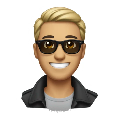 a guy with short black hair, thick brow, grinning, with rayban wayfarer sticker