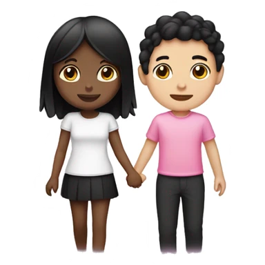 Emoji of a tan girl with black hair wearing pink and a white skin boy with black hair wearing black holding hands sticker
