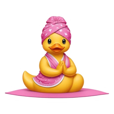 side view of yellow rubber duck with a pink bandana doing yoga while praying sticker