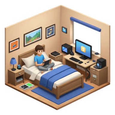 Teenage boy's ultra detailed bedroom interior isometric sticker