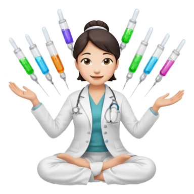 emoji of an asian woman with a single bun in a white lab coat sitting cross legged with a pipettes levitating in an arc around her head sticker