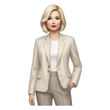pale skin woman with ash blonde Straightened bob Hair, White Spacious classical jacket, beige palazzo Arrow pants and gray blouse holding RAL colour palette in the hands sticker