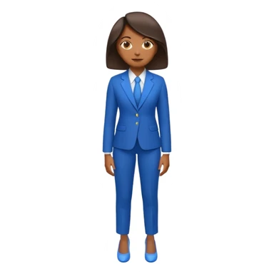 black woman in a blue smart suit and shoes, standing with hands by her side, looking to the left, emoji style sticker