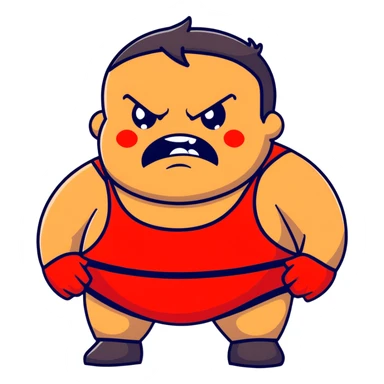 Close-up of white skin fat guy with young face, no muscle with prominent black durag, completely shaved face, no beard or mustache, black eyes in a red and black wrestling singlet with angry face sticker