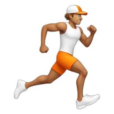 tanned man running with white shoes and orange cap sticker