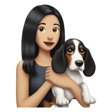 pale lady with black hair holding a basset sticker