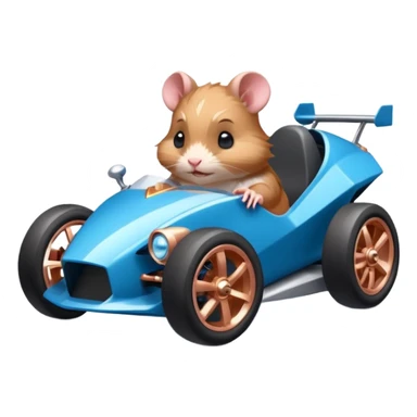 dark crystal blue and rosegold-accented faceted-body electric racing car driven by a small cute but fearless hamster with rear spoiler, roll bar, and wheely bar sticker