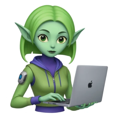 lady alien with only gaming laptop. negative : headphones. sticker