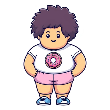 Guy with fluffy hair, donut shorts and a big 6 7 behind him sticker