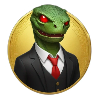 Reptilian with red laser eyes in black suite on the golden coin sticker