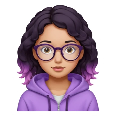emoji of a woman, slighty tanned skin, cute freckles, pink cheeks, wavy black hair, big frame glasses and cute eyes, wearing a lilac hoodie  sticker