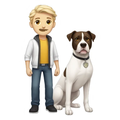 white male with dark brown hair and a lightly scruffy beard standing alongside a white pitbull sticker