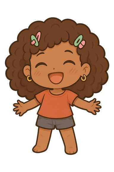 Add cute hair clips and small hoop earrings to the chibi style character, with no background. sticker
