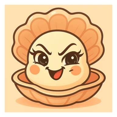 Enhance the mischievous expression of the oyster, keep the pastel, pearly, cream, peach, and greige colors accentuated, make the eyes very expressive and luminous with elegant eyelashes, emphasize the large shell and the small oyster, maintain the pastel toon style and the background as in the reference image. sticker