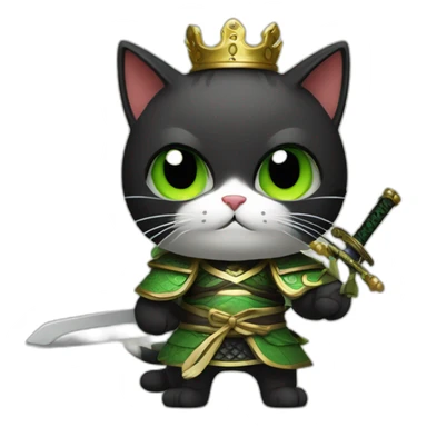 black and green cat with bad face, big wings, holding a samurai sword, dressed like a king sticker