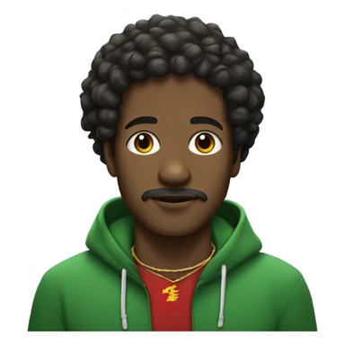 black man with curly hair, and a hoodie and a thin moustache wearing a necklace of the sudan flag sticker