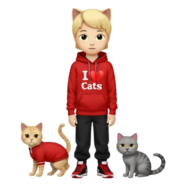 A 8 year old boy wearing a red and black hoodie say I heart cats he’s blond he has red Jordan’s and Hess wearing black pants he’s next to a gray cat with yellow eyes  sticker