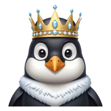 penguin king portrait, head and shoulders only, icy crystal crown, royal fur collar, cute serious expression, winter fantasy vibe, 3D cartoon, mobile game icon style, clean background, no text, no watermark
 sticker