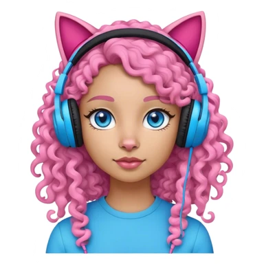 A woman with curly half black half white long hair and bright blue eyes wearing pink cat over the ear headphones sticker