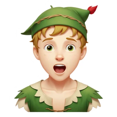 Cinematic Realistic Peter Pan Portrait, head tilted slightly with a dramatic, wide-open yawn, revealing a relaxed yet spirited expression. His detailed tunic and cap, paired with a gentle, ambient glow, capture a tender moment of vulnerability amidst his eternal quest for adventure. sticker