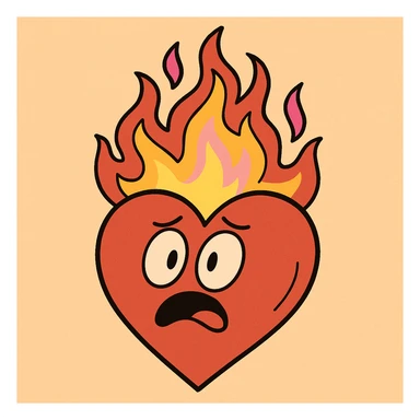 heart with flames of fire in red-orange, yellow, and pink, cartoon style sticker