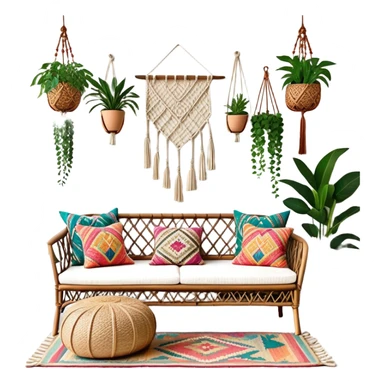 cozy bohemian living room with macrame wall hanging, plants, rattan furniture, and colorful cushions sticker