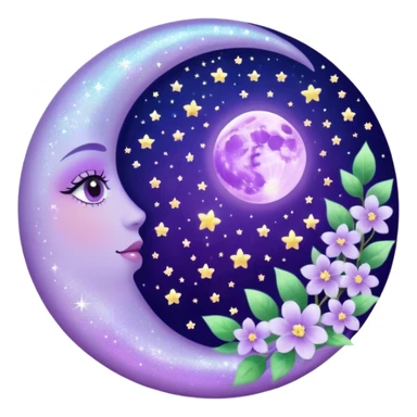 Beautiful poetic ethereal romantic magical aesthetic sparkly glittery shiny pretty floating pastel lilac lavender Violet moon and flowers and leaves aesthetic deco sticker