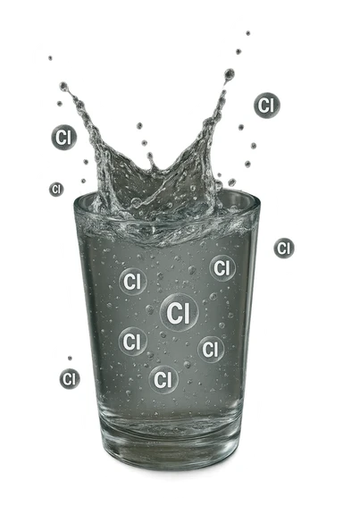 un bicchiere di acqua cade verticalmente dall'alto realistico e dettagliato, dentro l'acqua del bicchiere ci sono particelle di cloro ben visibili con la scritta "Cl" sopra, ci sono particelle anche che escono dal bicchiere e fluttuano in aria verticalmente, mentre alcune sono all'interno dell'acqua nel bicchiere, iperrealistico 4k sticker