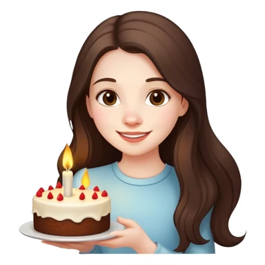 happy beautiful pale brunette girl with long hair holding a piece of cake with candle sticker