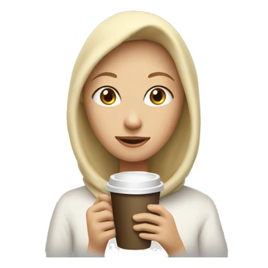 A girl with blonde hair, her head covered with a duvet, and drinking coffee sticker