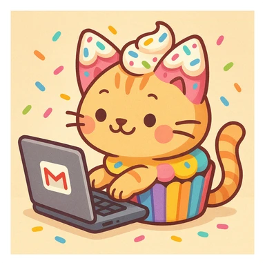 A playful and cute cupcake-themed cat typing on her own laptop, creating humorous stories for her friends to read on Gmail. The cat has cupcake colors, frosting ears, sprinkles, and cupcake wrapper body decorations. The laptop has a visible Gmail logo. The scene is whimsical, colorful, and charming. sticker