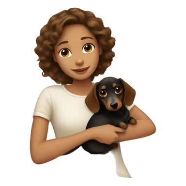 Brown wavy hair girl cuddling a small honey black dachshund sticker