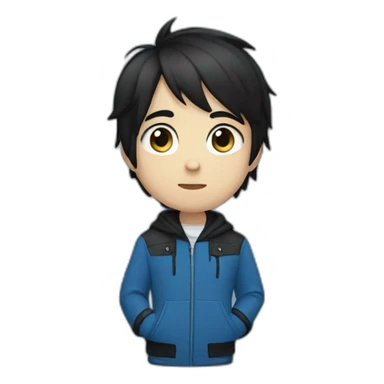 a boy who has an emo haircut that is directed to the left, he has straight black hair.  He has a blue jacket and blue eyes. sticker