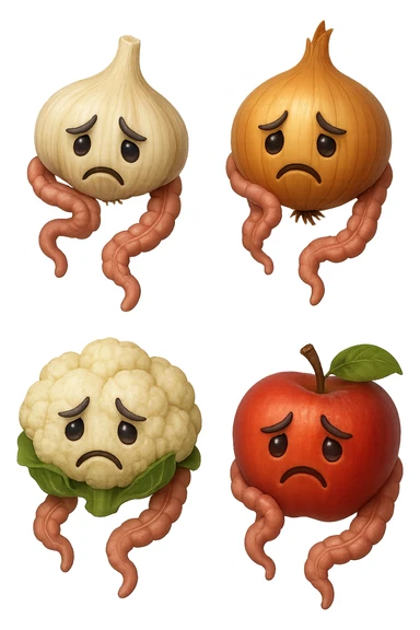 EMOJI STILE IPHONE DI aglio, cipolle, cavolfiore e mele che cadono verticalmente dall'alto con espressione triste con pezzi di colon avvolti intorno, IPERREALISTICO 4K sticker
