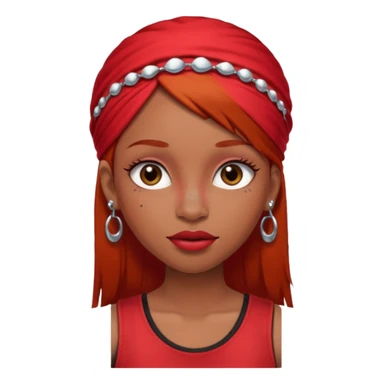 light-skinned black girl with long eyelashes with long strait dark brown hair with edges wearing a red top with no sleeves. and a red accessory on her head with nose and mouth piercings. sticker