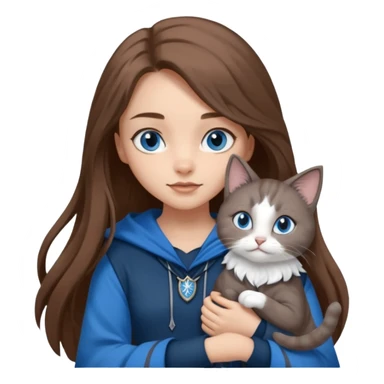 gorgeous Girl with light skin, blue eyes, long brown hair, wears a ravenclaw outfit, with a grey and white cat holding in her arms sticker
