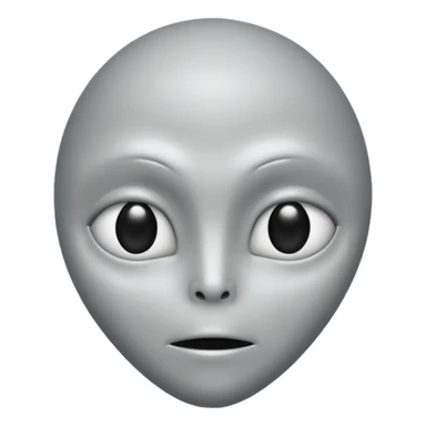 Grey alien head, almond-shaped black eyes, pale grey skin, cartoon emoji, no background sticker