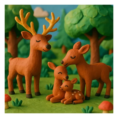 deer family in a woodland clearing, vibrant colors, cheerful and cozy, claymation style sticker
