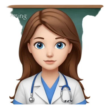 university classroom that says nursing school on the blackboard with a pretty female nursing student with long brown hair, blue eyes sticker