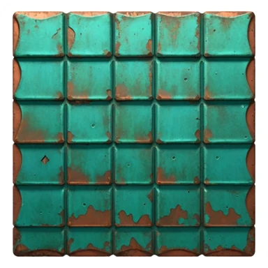 3D render of Roof Tile, heavily oxidized copper texture, verdigris patina, Aged green copper shingle, weathered bronze aesthetic, ancient decay, emoji style, isolated on white background --v 6.0. sticker