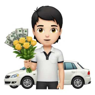 generate a pretty fair bratz boy with a messy mullet (black hair), wearing a white polo.  carrying a bouquet made of money. expensive car behind him sticker