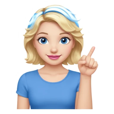 Girl Blonde short wavy hair,  blue eyes, cute blue top, long lashes, pink lips, smiling, fist bump sticker
